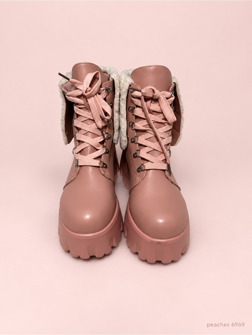 Cute Blush Pink Faux Fur Trim Chunky Lace-Up Boots
